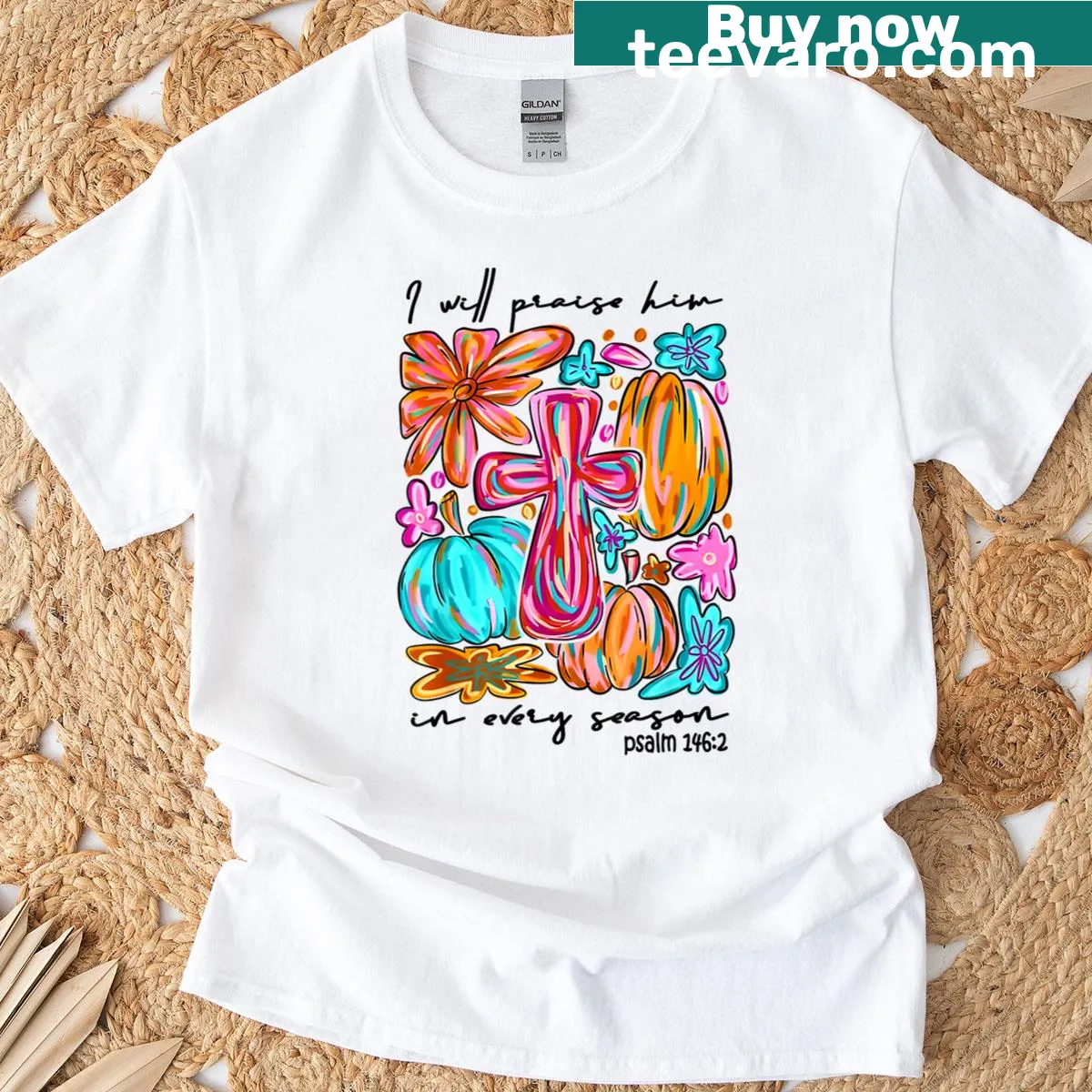 Pumpkin-themed t-shirt with a faith message for autumn — on a men's t-shirt