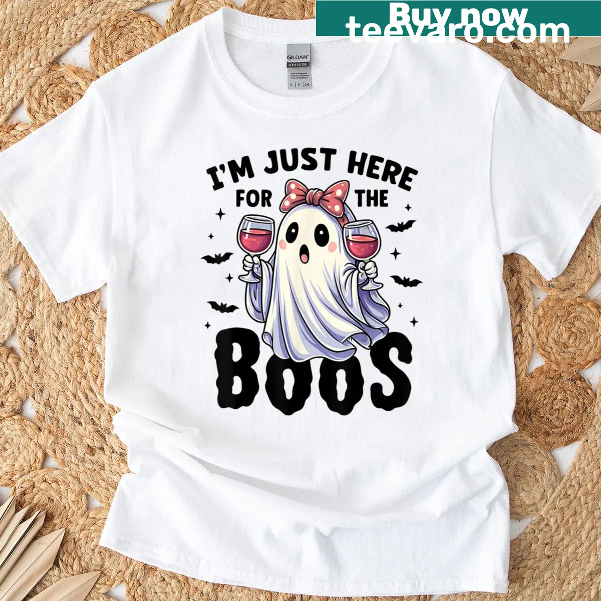 Halloween t-shirt with a cute ghost and the phrase I'm Just Here For The Boos — on a men's t-shirt