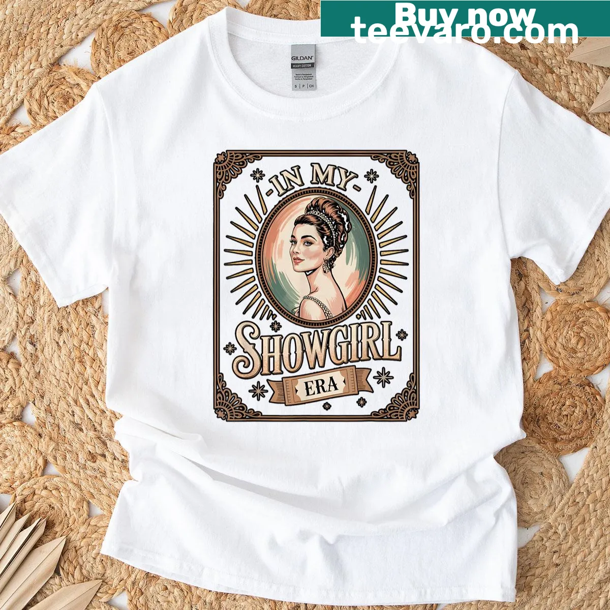 Retro showgirl-themed T-shirt for women and girls — on a men's t-shirt