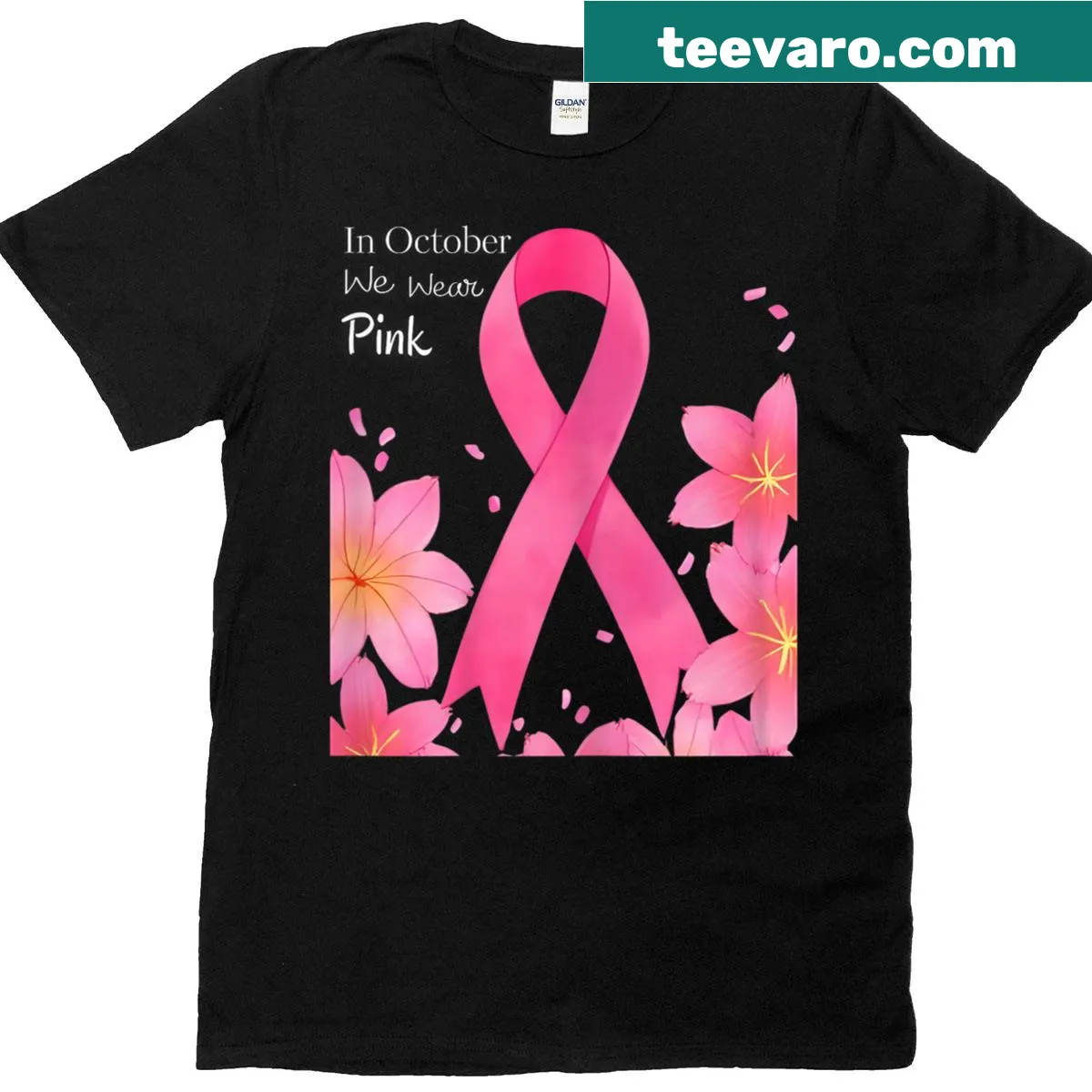 Breast Cancer Awareness T-shirt with 'In October We Wear Pink' text — on a men's t-shirt