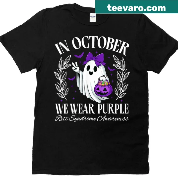 Halloween-themed shirt promoting Rett Syndrome awareness with purple text
