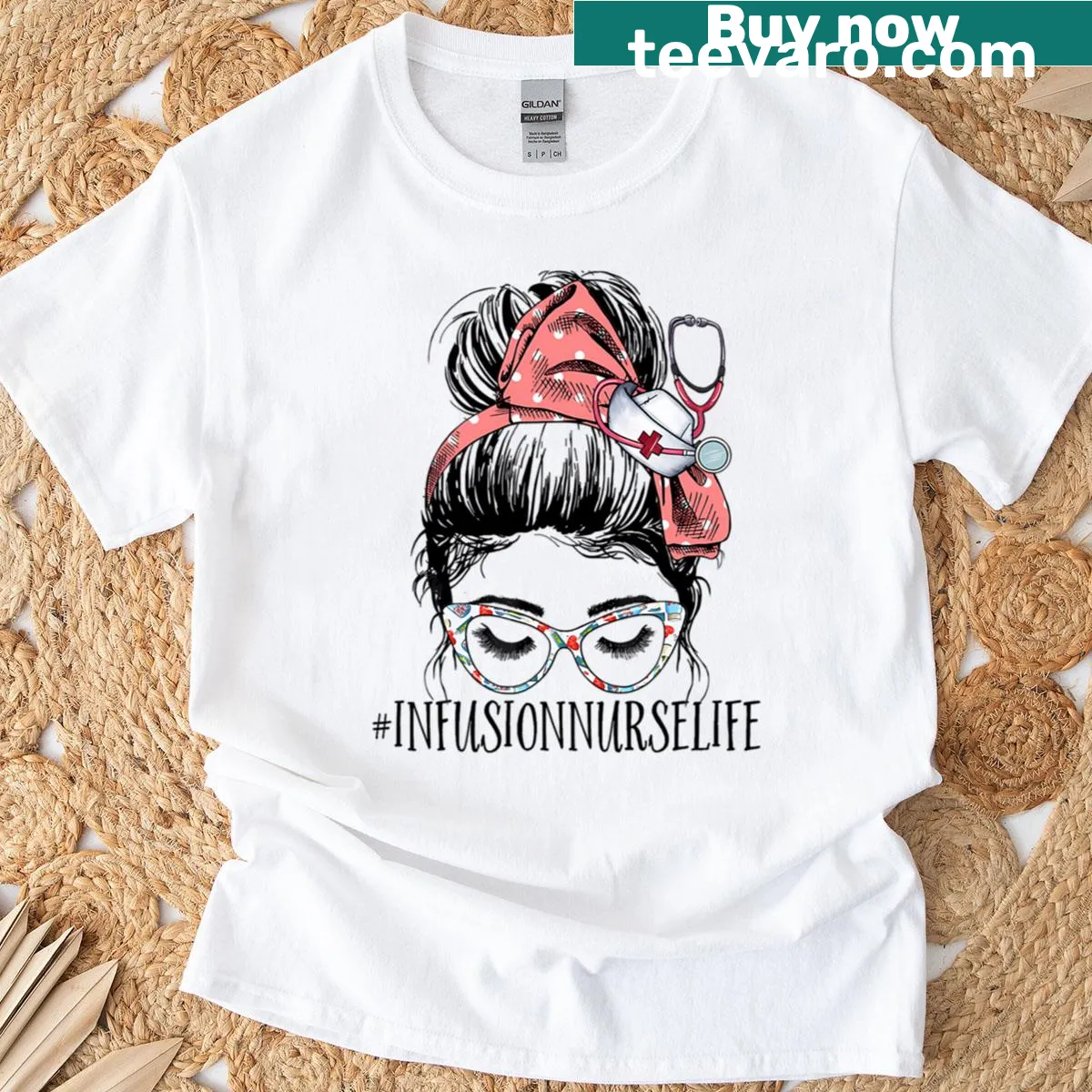 Funny infusion nurse graphic t-shirt with cartoon design — on a men's t-shirt