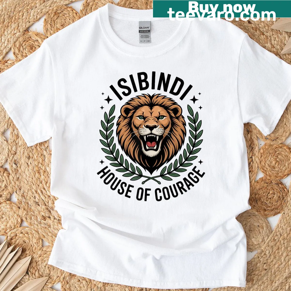 T-shirt featuring a lion illustration representing Isibindi House of Courage — on a men's t-shirt