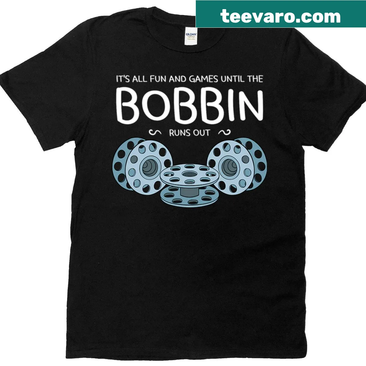 Funny sewing-themed t-shirt highlighting bobbin issues. — on a men's t-shirt