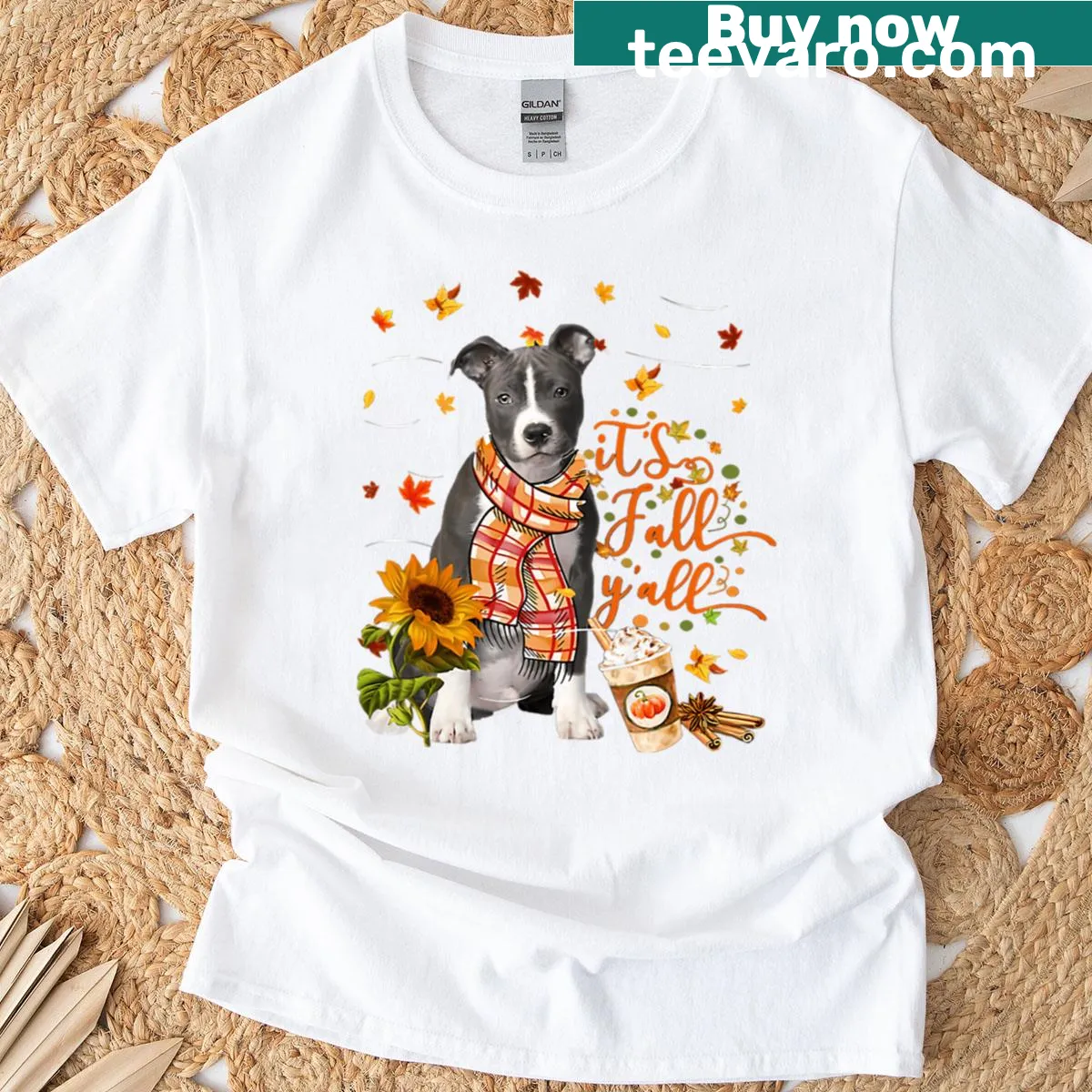 T-shirt featuring a Blue Nose Pitbull with autumn elements — on a men's t-shirt