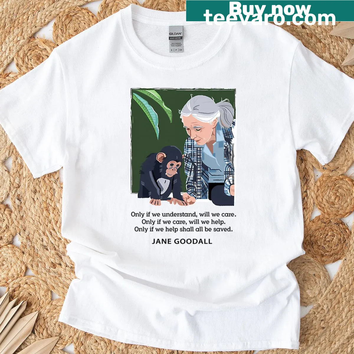 Jane Goodall with a chimpanzee illustration on a t-shirt — on a men's t-shirt