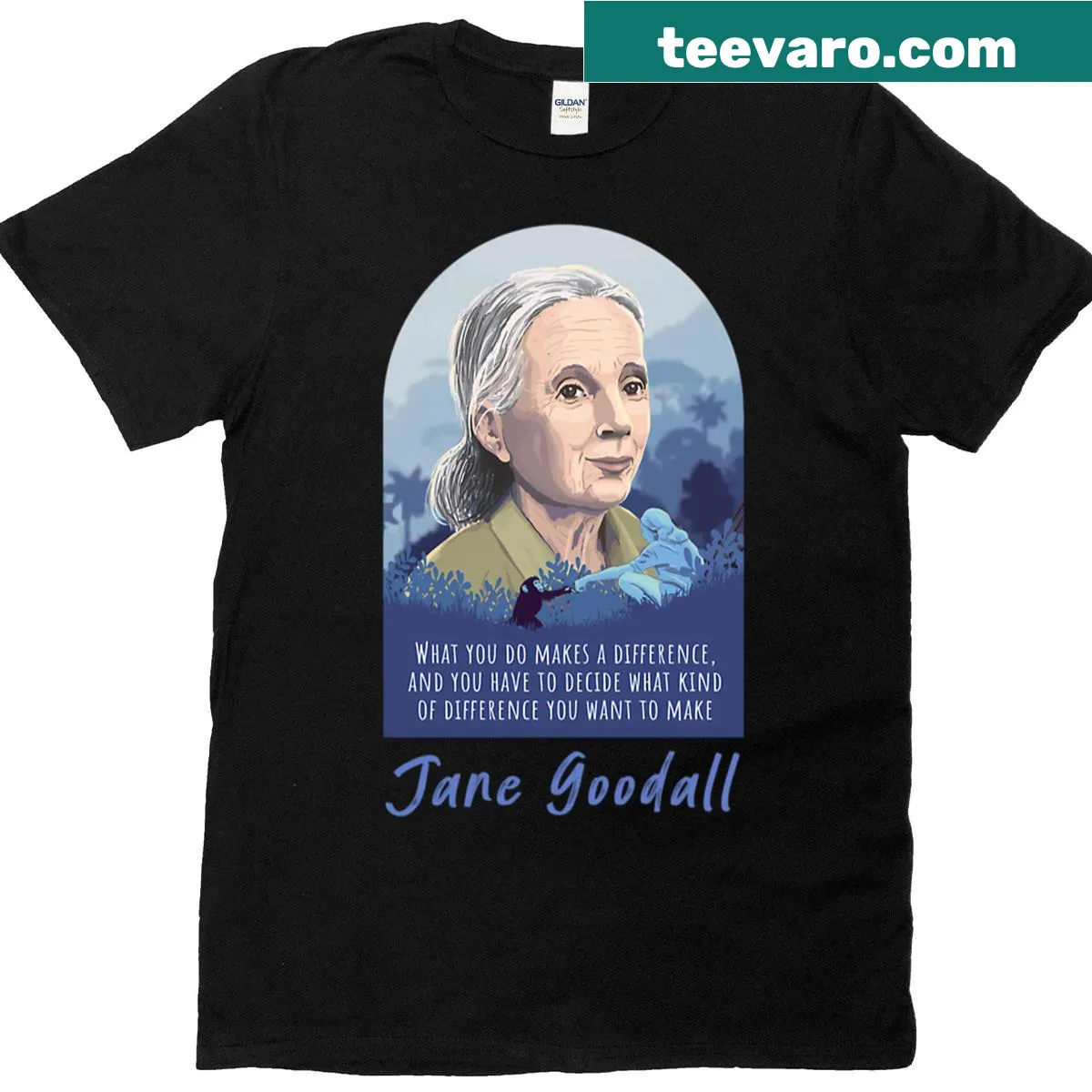 Jane Goodall inspirational quotes typography t-shirt — on a men's t-shirt