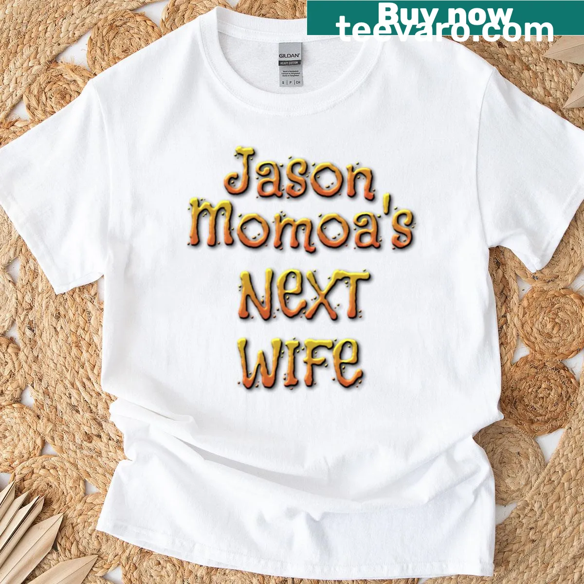 Playful t-shirt featuring cartoon design declaring Jason Momoa's next wife. — on a men's t-shirt