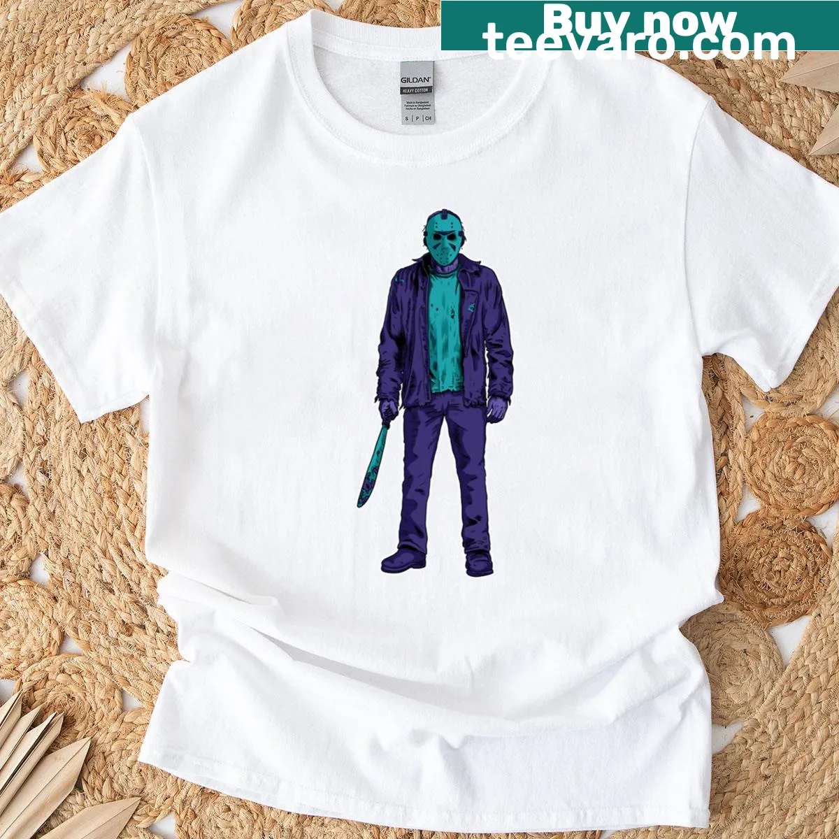 T-shirt featuring a graphic of Jason Voorhees from horror films — on a men's t-shirt
