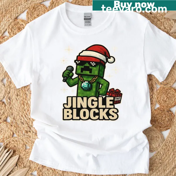 Minecraft Christmas t-shirt featuring a Creeper and 'Jingle Blocks' text