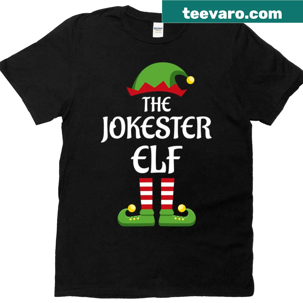 Matching Group Christmas T-shirt with playful elf illustration — on a men's t-shirt