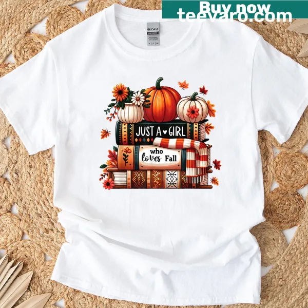 Cozy fall t-shirt featuring pumpkins and books