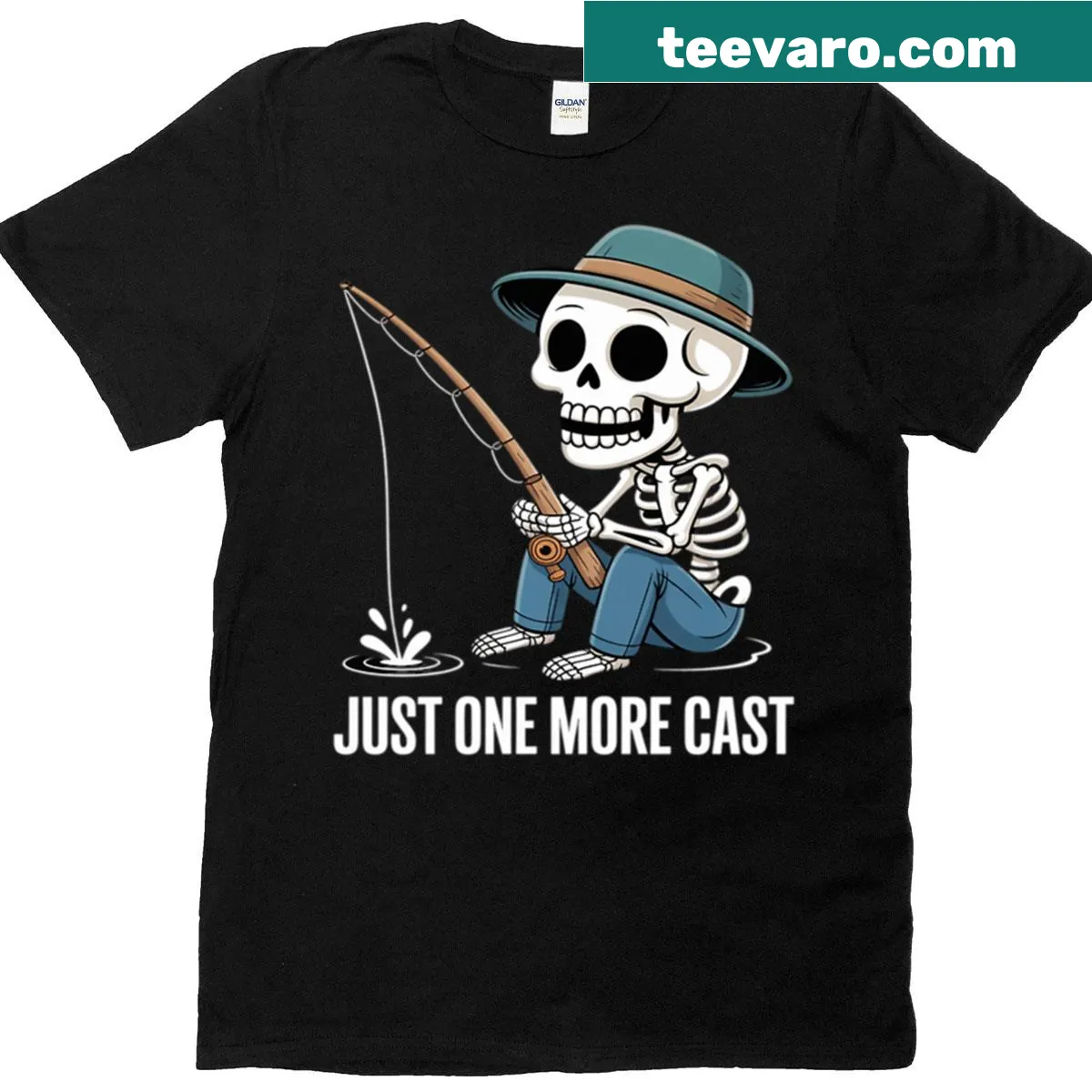 Funny skeleton fishing t-shirt with the quote 'Just One More Cast' — on a men's t-shirt