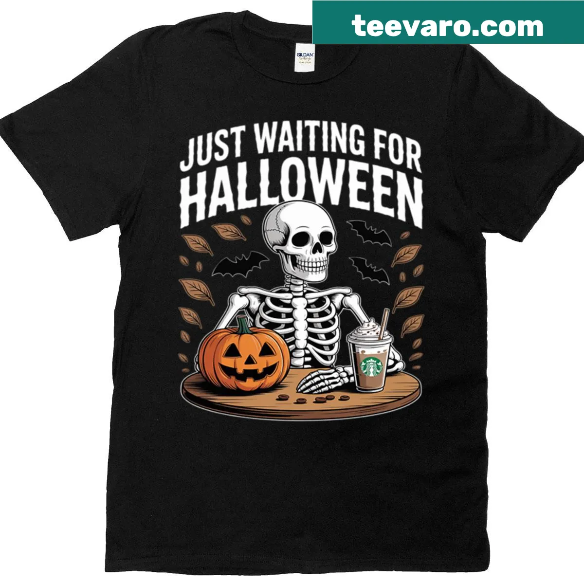 Skeleton enjoying coffee T-shirt for Halloween — on a men's t-shirt