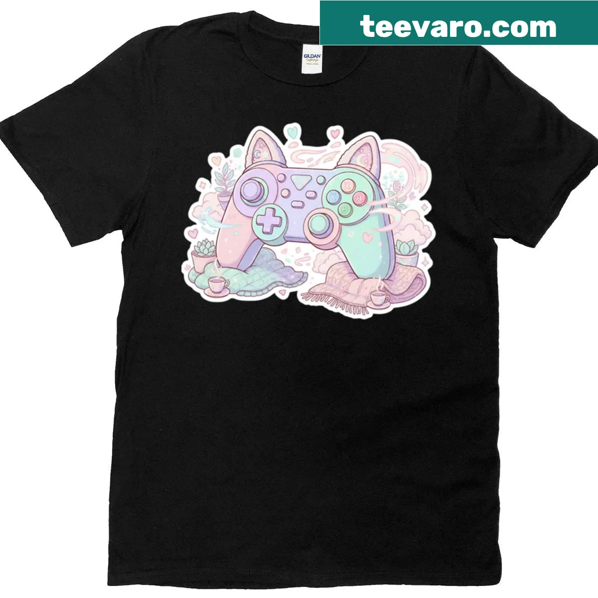 Kawaii cat joystick design for gamer T-shirt — on a men's t-shirt