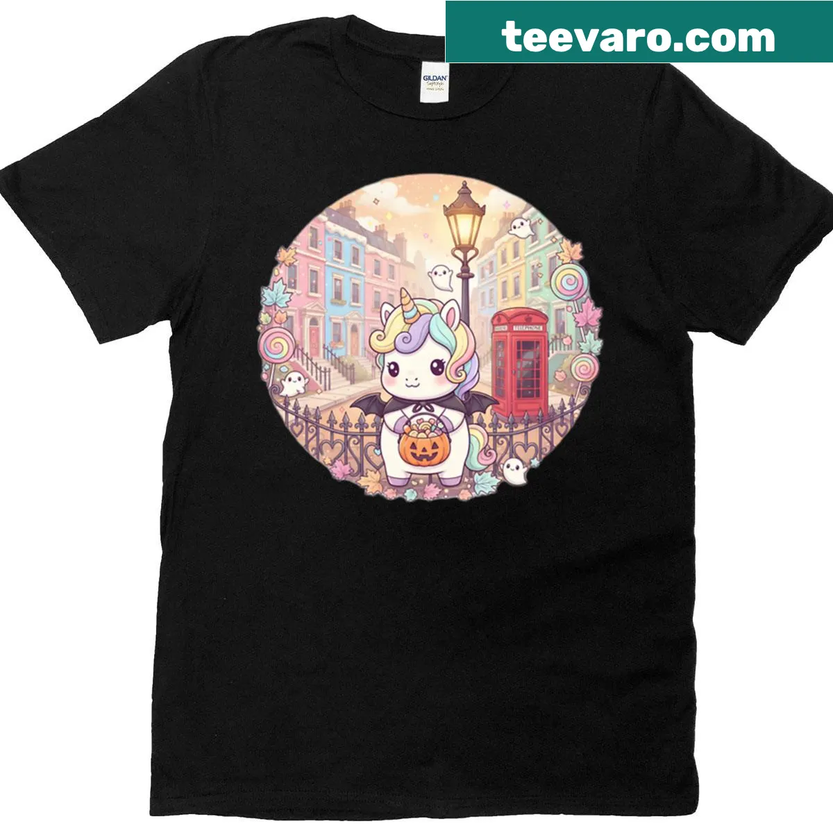 Kawaii unicorn illustration for Halloween with a pastel scene — on a men's t-shirt