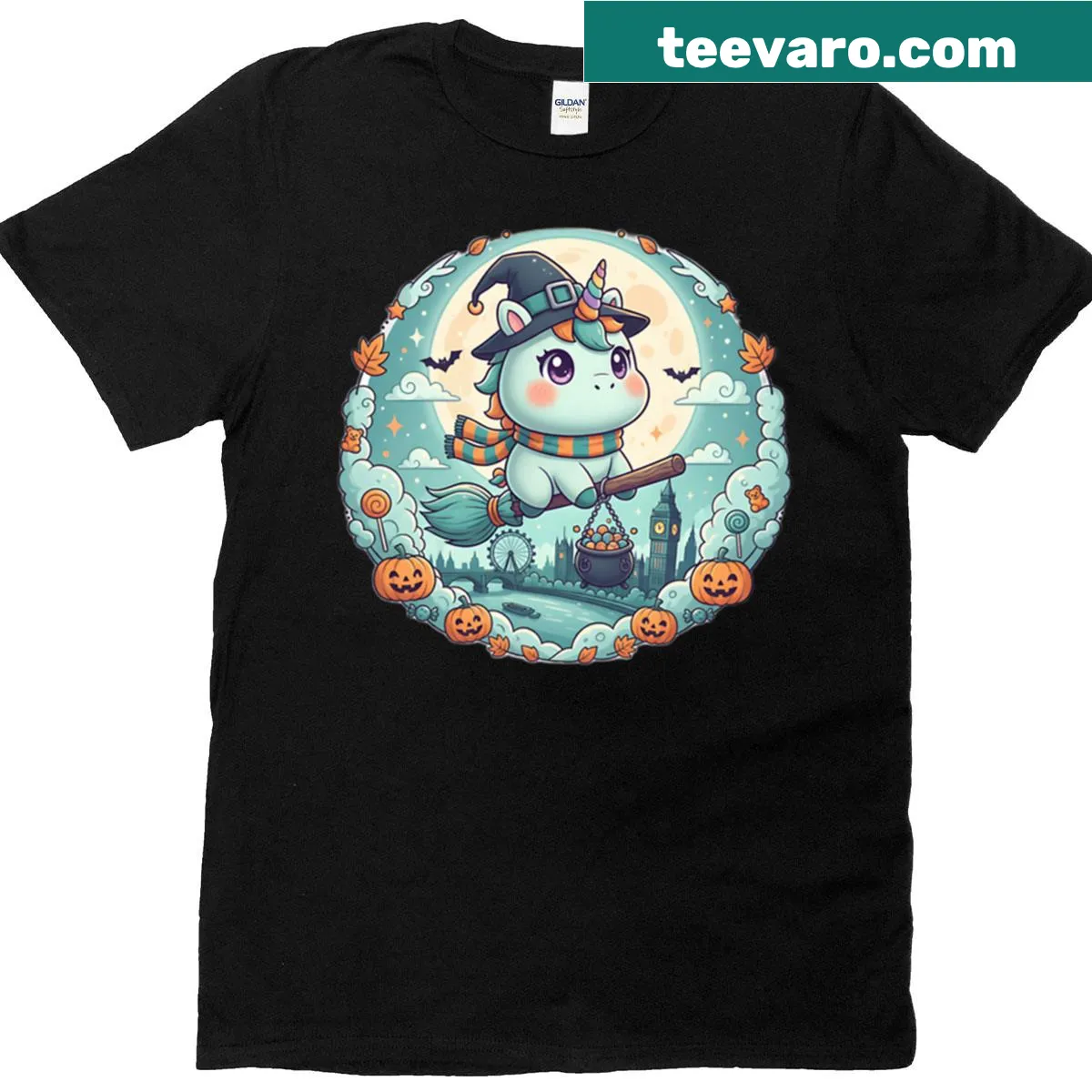 Kawaii witch and unicorn flying over London landmarks in Halloween art. — on a men's t-shirt
