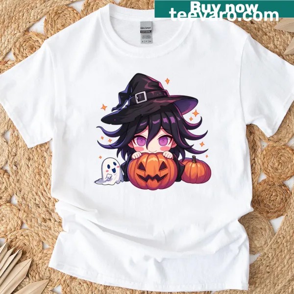 Kawaii chibi witch design featuring Kokichi Ouma with pumpkins