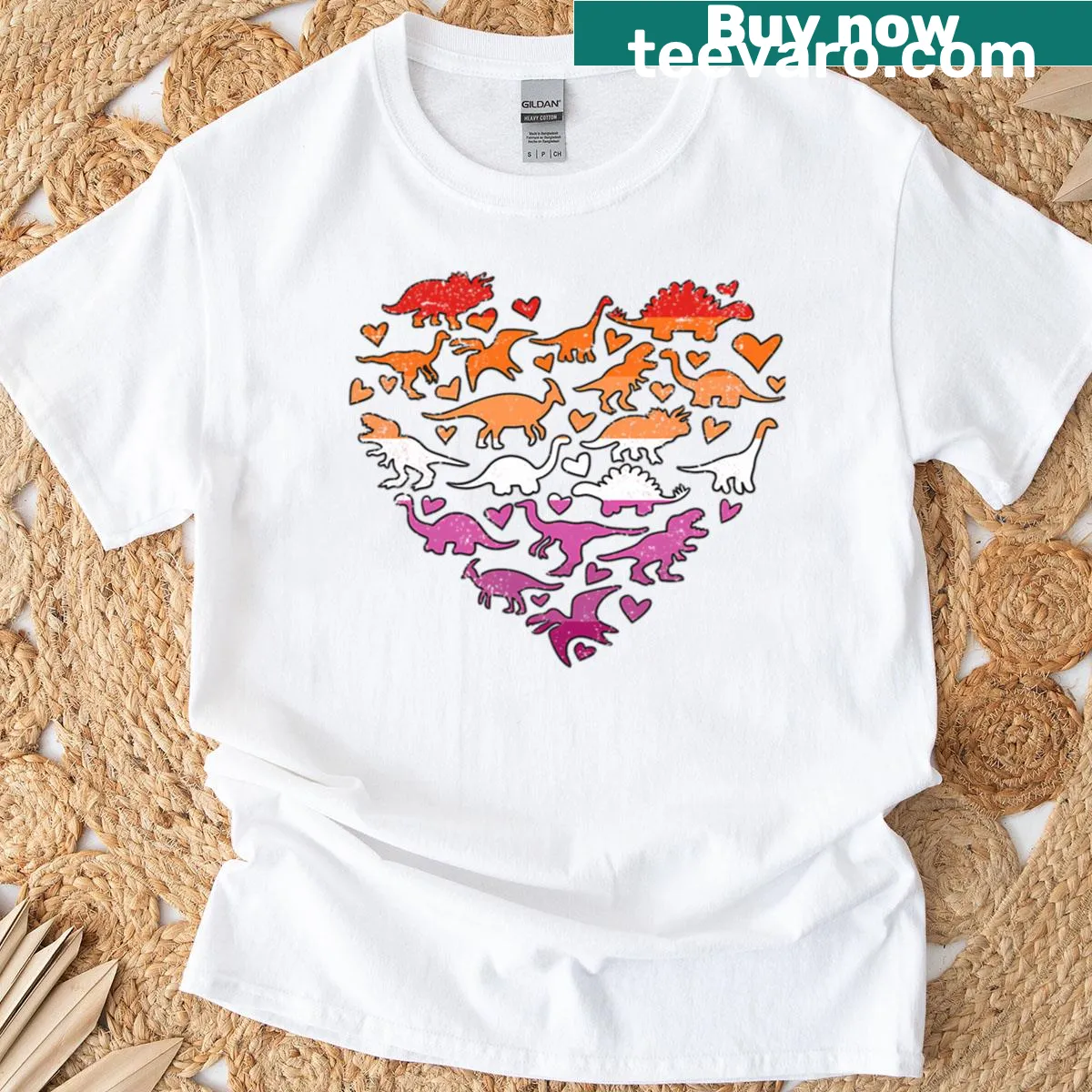 Dinosaur with pride flag and heart emblem on T-shirt — on a men's t-shirt