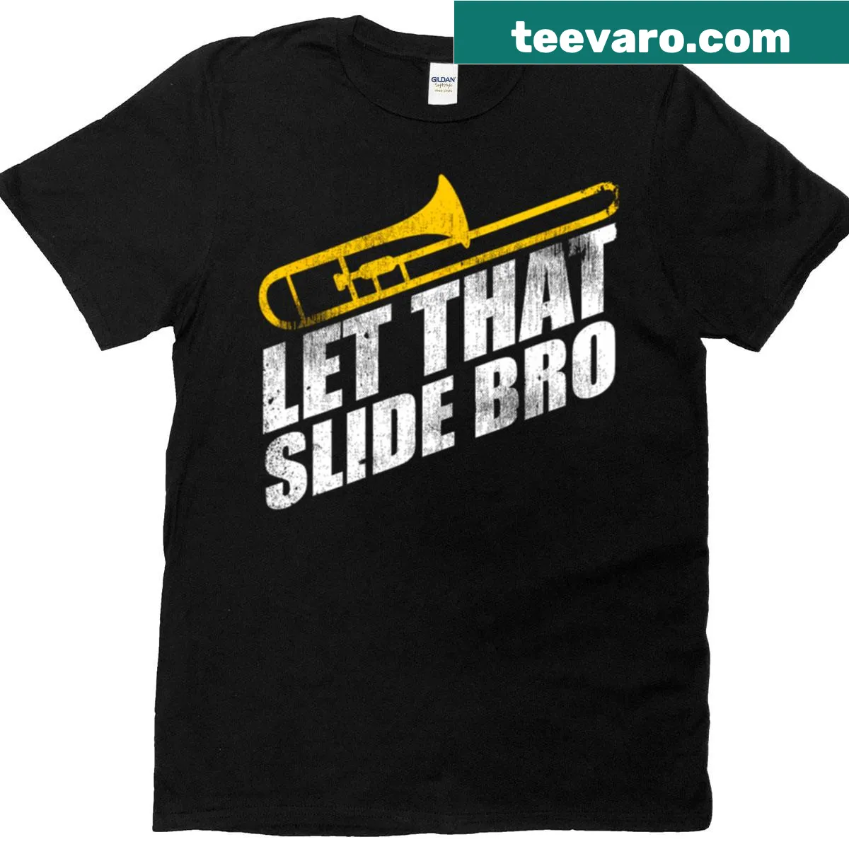 Funny trombone player T-shirt with humorous text — on a men's t-shirt