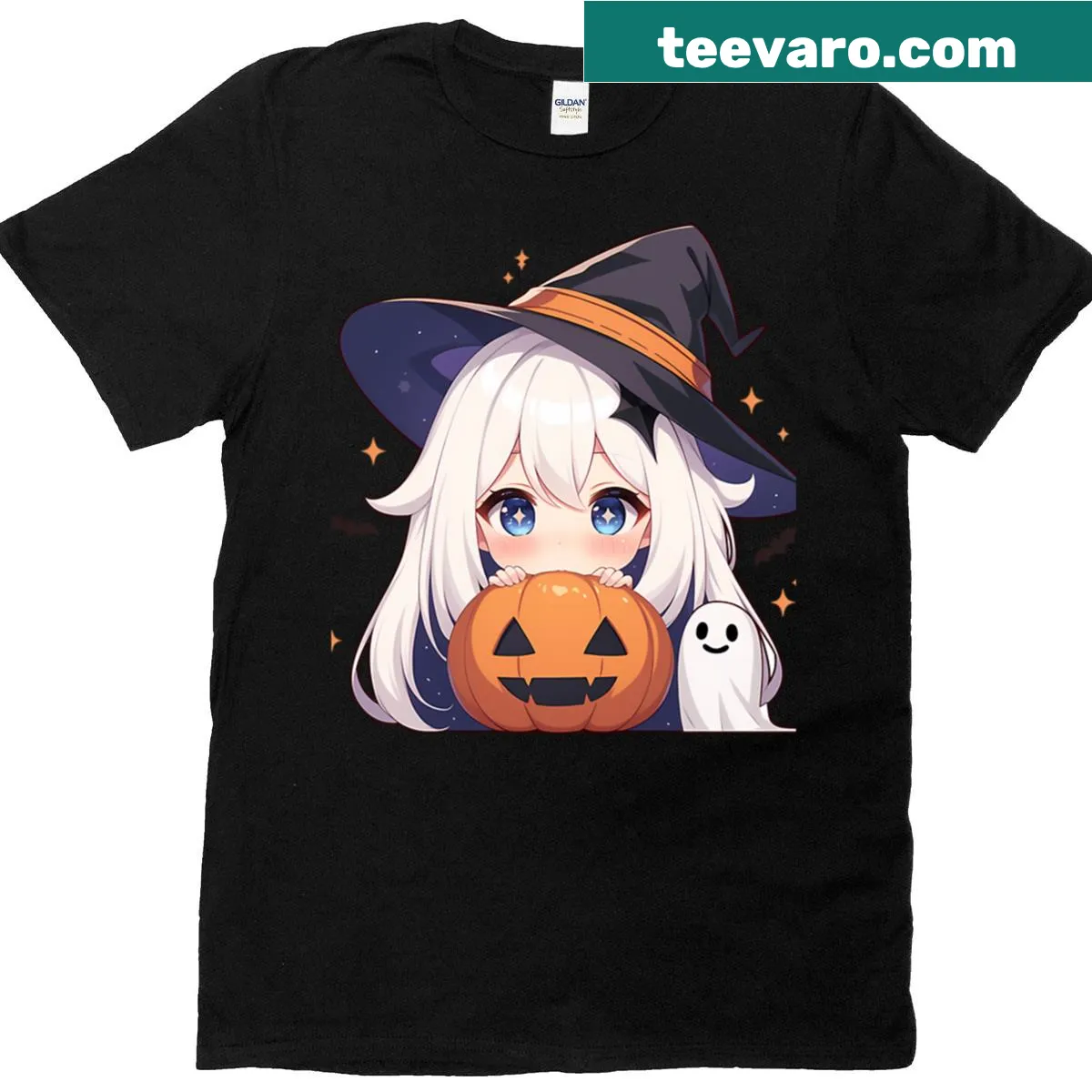 Chibi Paimon T-shirt featuring a cute Halloween pumpkin design — on a men's t-shirt