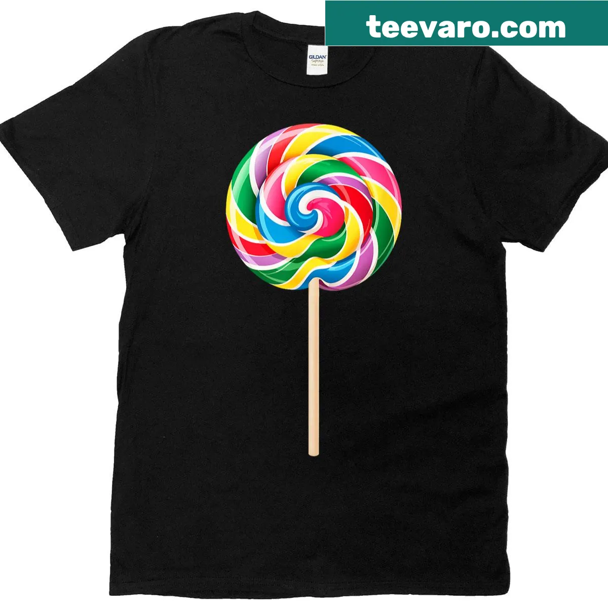 Colorful lollipop design on candy-themed costume T-shirt — on a men's t-shirt