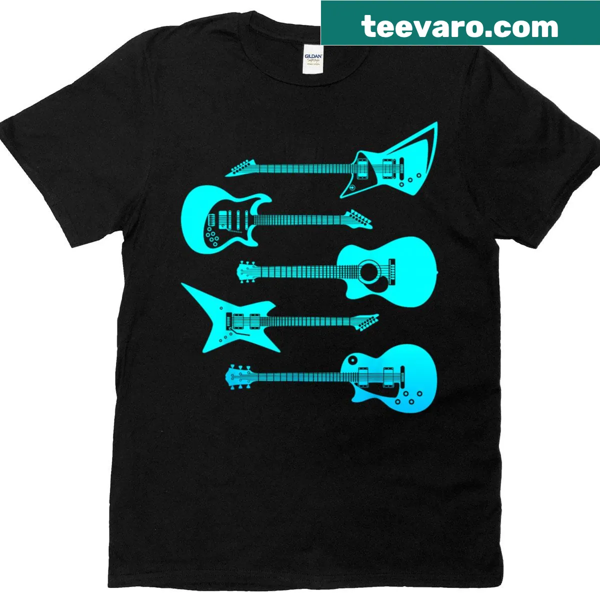 T-shirt featuring various guitars in a creative design for music lovers — on a men's t-shirt
