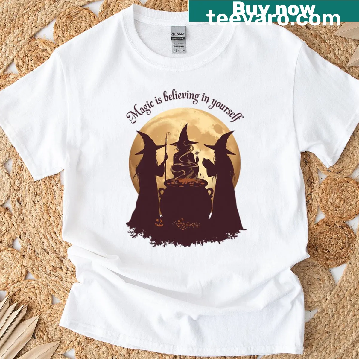Inspirational Halloween art t-shirt with a witch coven and magical text — on a men's t-shirt