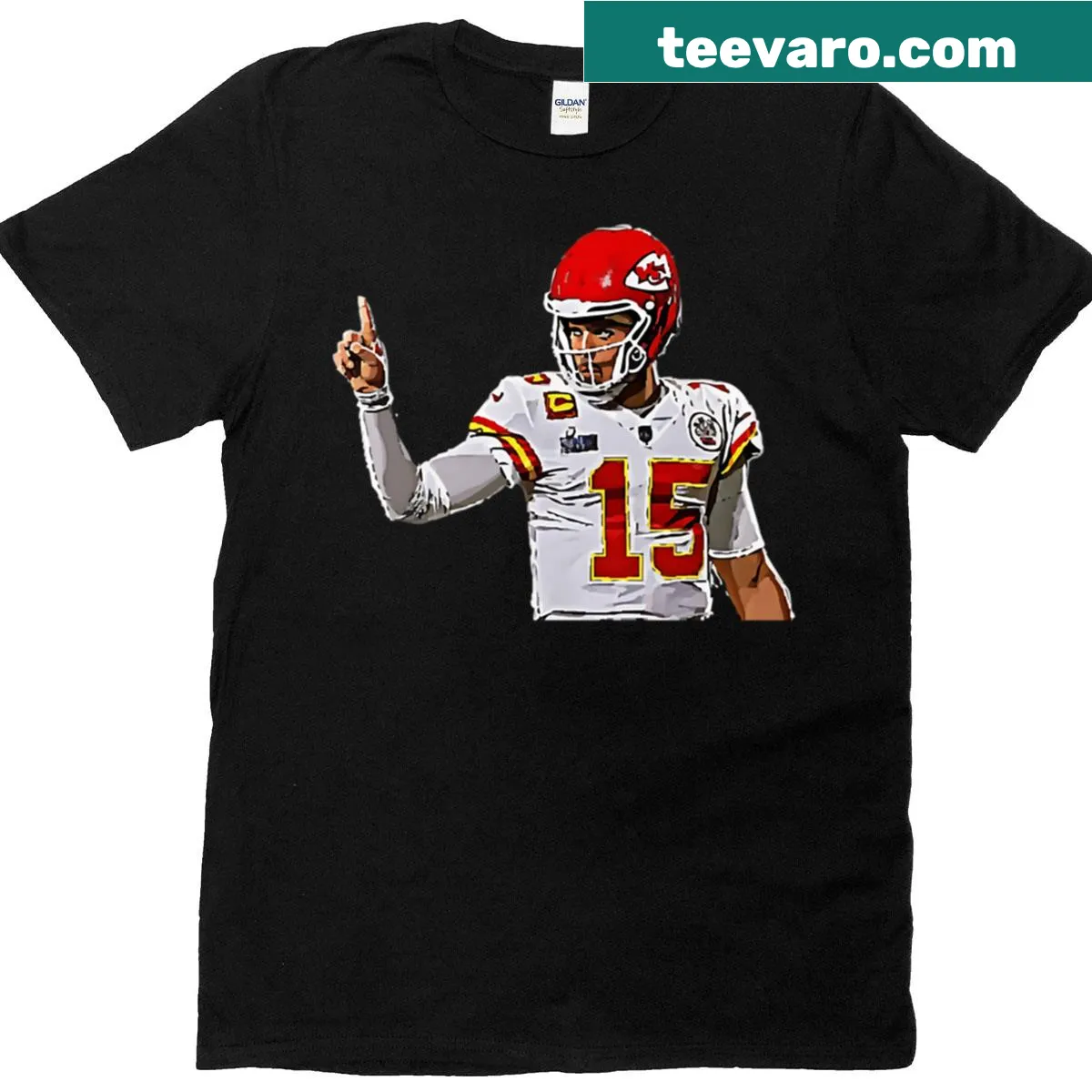 T-shirt featuring Patrick Mahomes in victory pose for Chiefs fans. — on a men's t-shirt