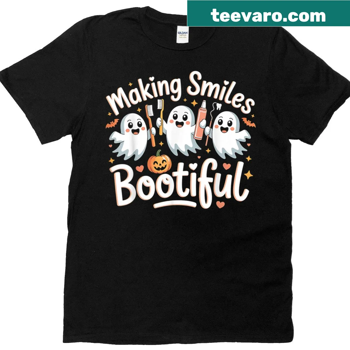 Funny Halloween dental t-shirt with ghost and toothbrush graphic — on a men's t-shirt