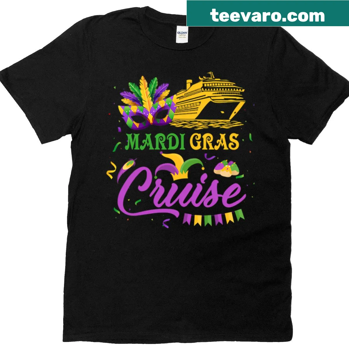 Colorful Mardi Gras mask and cruise ship design on a T-shirt — on a men's t-shirt