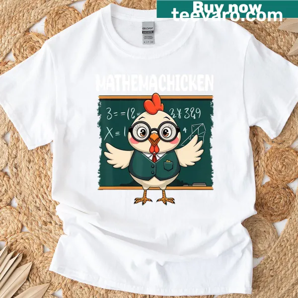 Funny teacher t-shirt featuring a cartoon chicken with math pun