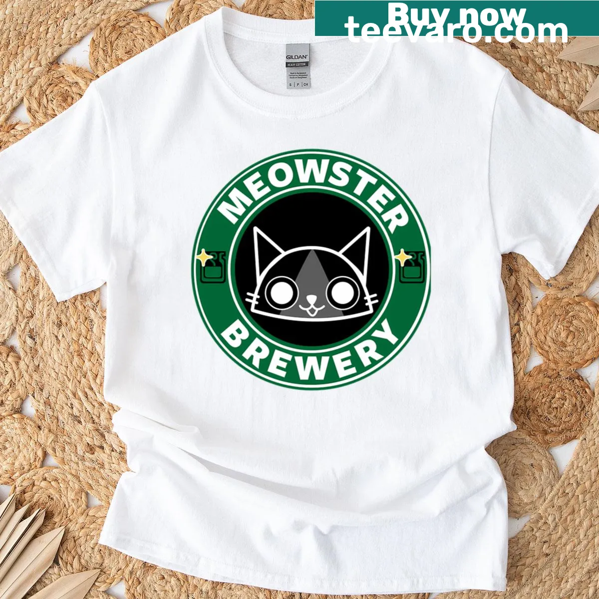 Cartoon cat enjoying a drink at a brewery on T-shirt — on a men's t-shirt