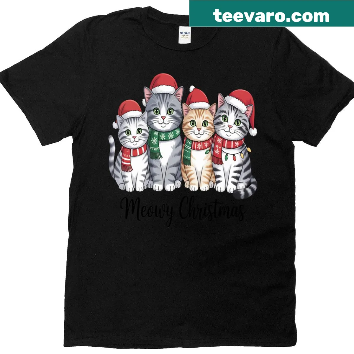 Illustration of a cat celebrating Christmas on a T-shirt — on a men's t-shirt
