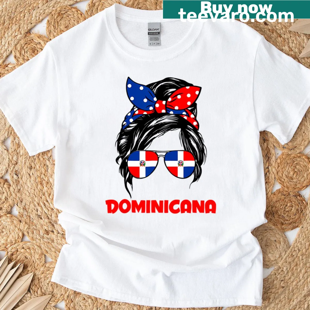 Playful graphic of messy bun hair with Dominican text on T-shirt — on a men's t-shirt
