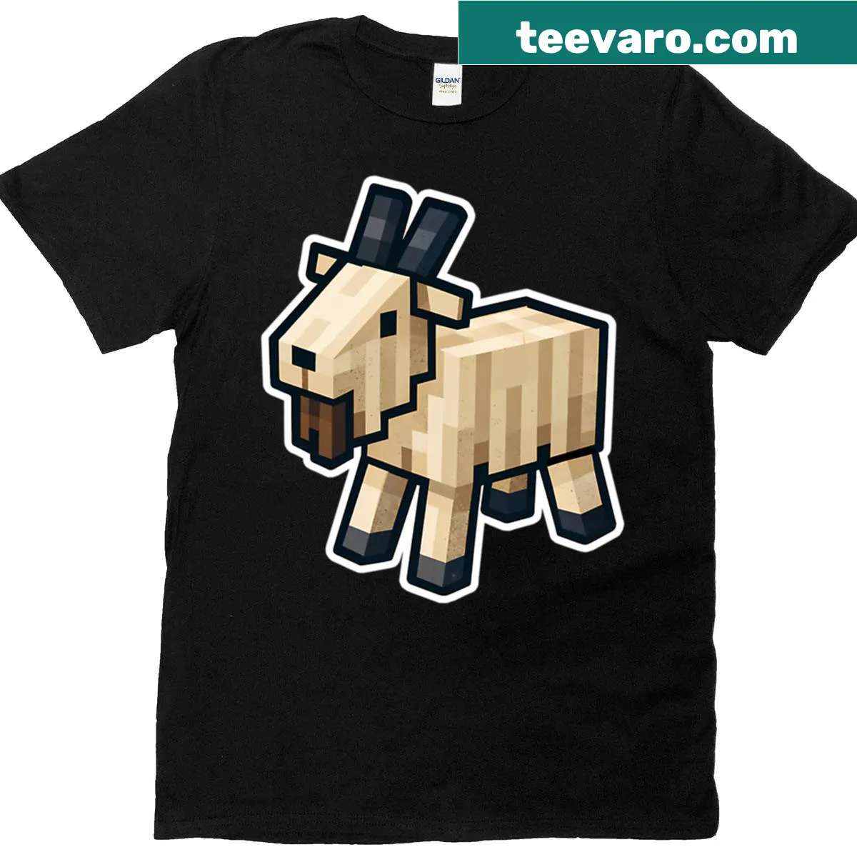 Pixelated goat graphic from Minecraft on T-shirt — on a men's t-shirt