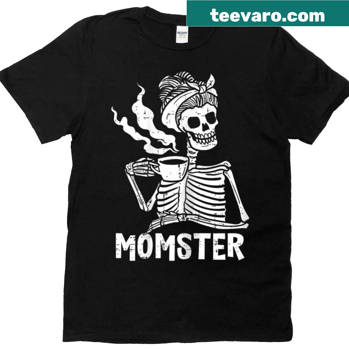 Funny Halloween T-shirt for moms with 'Momster Skeleton Coffee' design — on a men's t-shirt