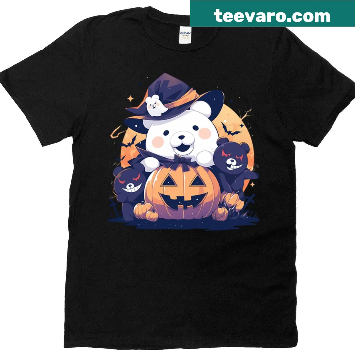 Cute chibi-style Halloween tee featuring Monokuma as a pumpkin witch — on a men's t-shirt