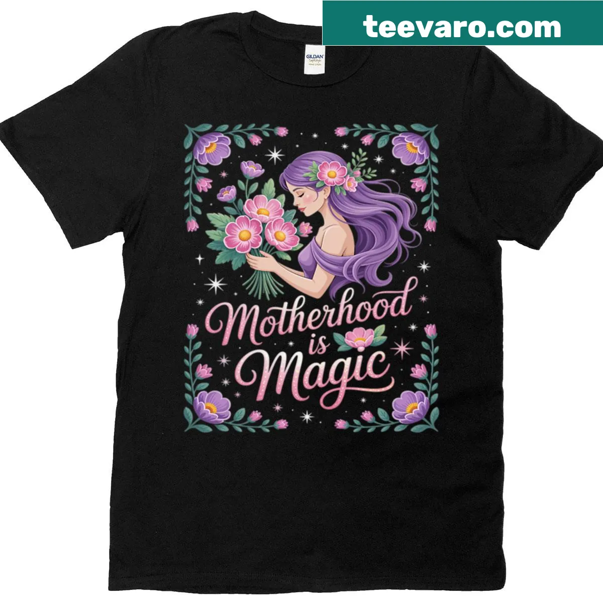 Typography T-shirt celebrating motherhood with the phrase 'Motherhood Is Magic' — on a men's t-shirt