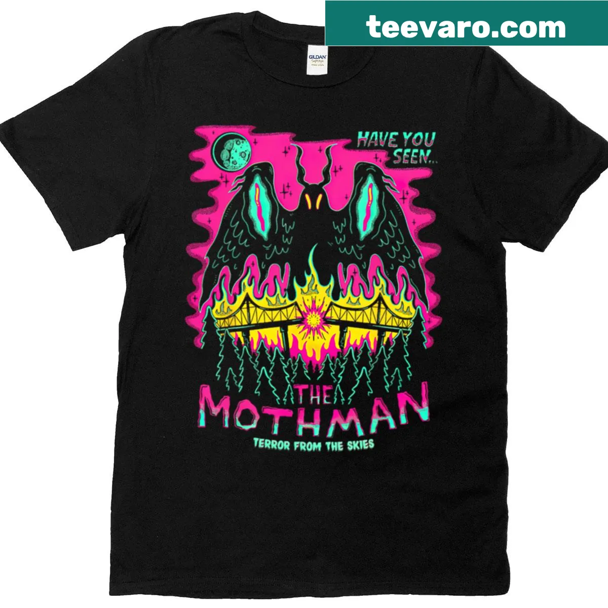Halloween-themed t-shirt with a whimsical Mothman illustration — on a men's t-shirt
