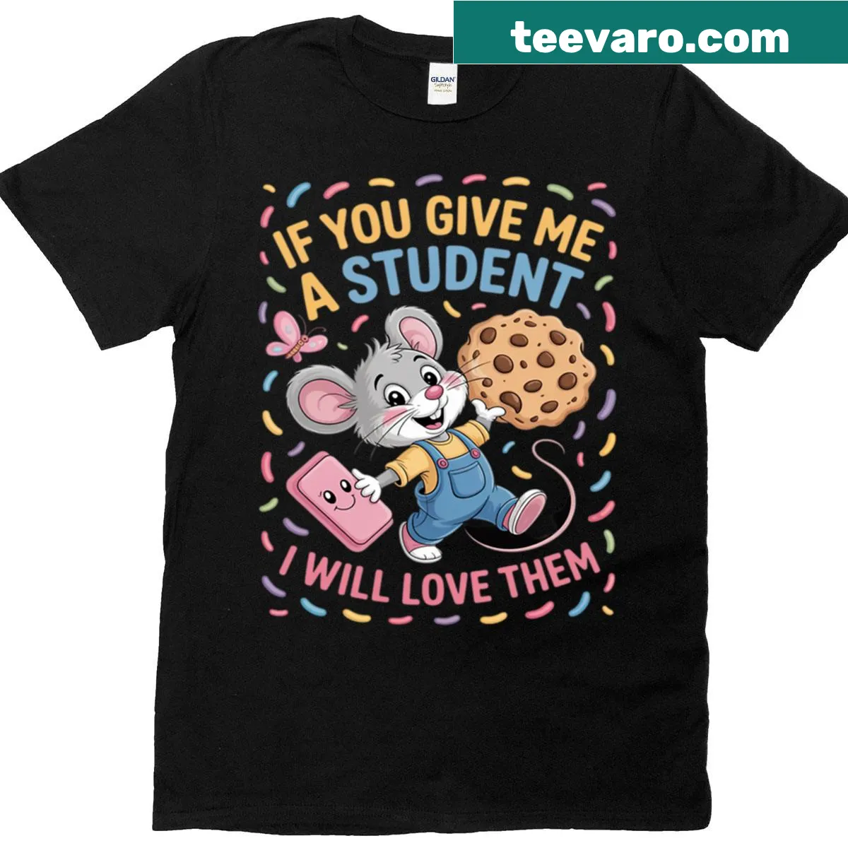 T-shirt with a mouse graphic and heartwarming teacher quote — on a men's t-shirt