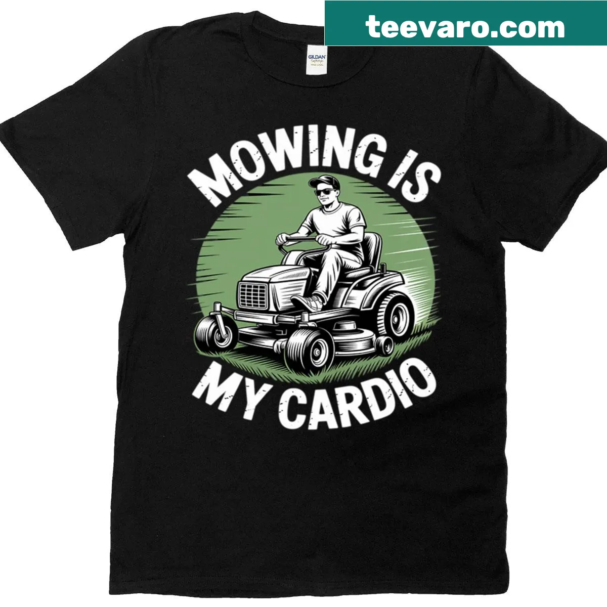 Funny t-shirt with the phrase 'Mowing Is My Cardio' in bold letters — on a men's t-shirt