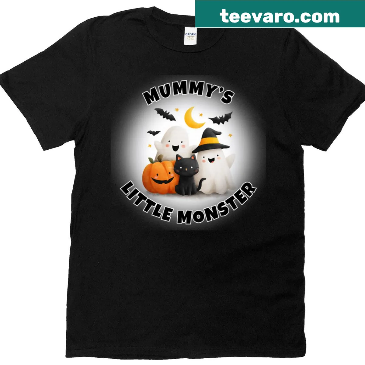 Cute Halloween t-shirt with ghosts, cat, and pumpkin illustration — on a men's t-shirt