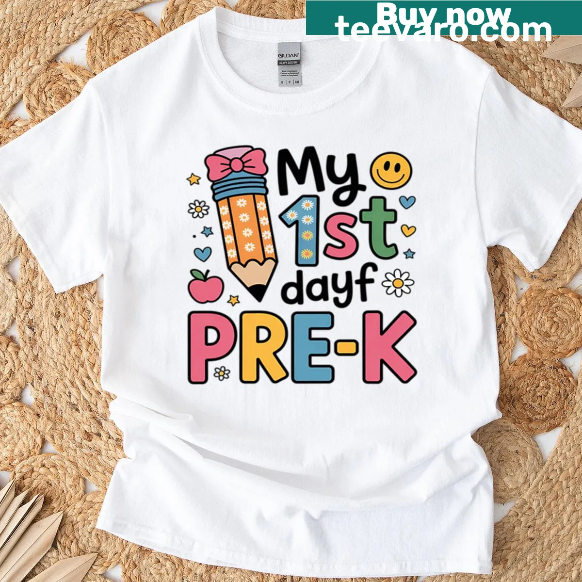 T-shirt celebrating a girl's first day of Pre-k with cheerful graphics — on a men's t-shirt