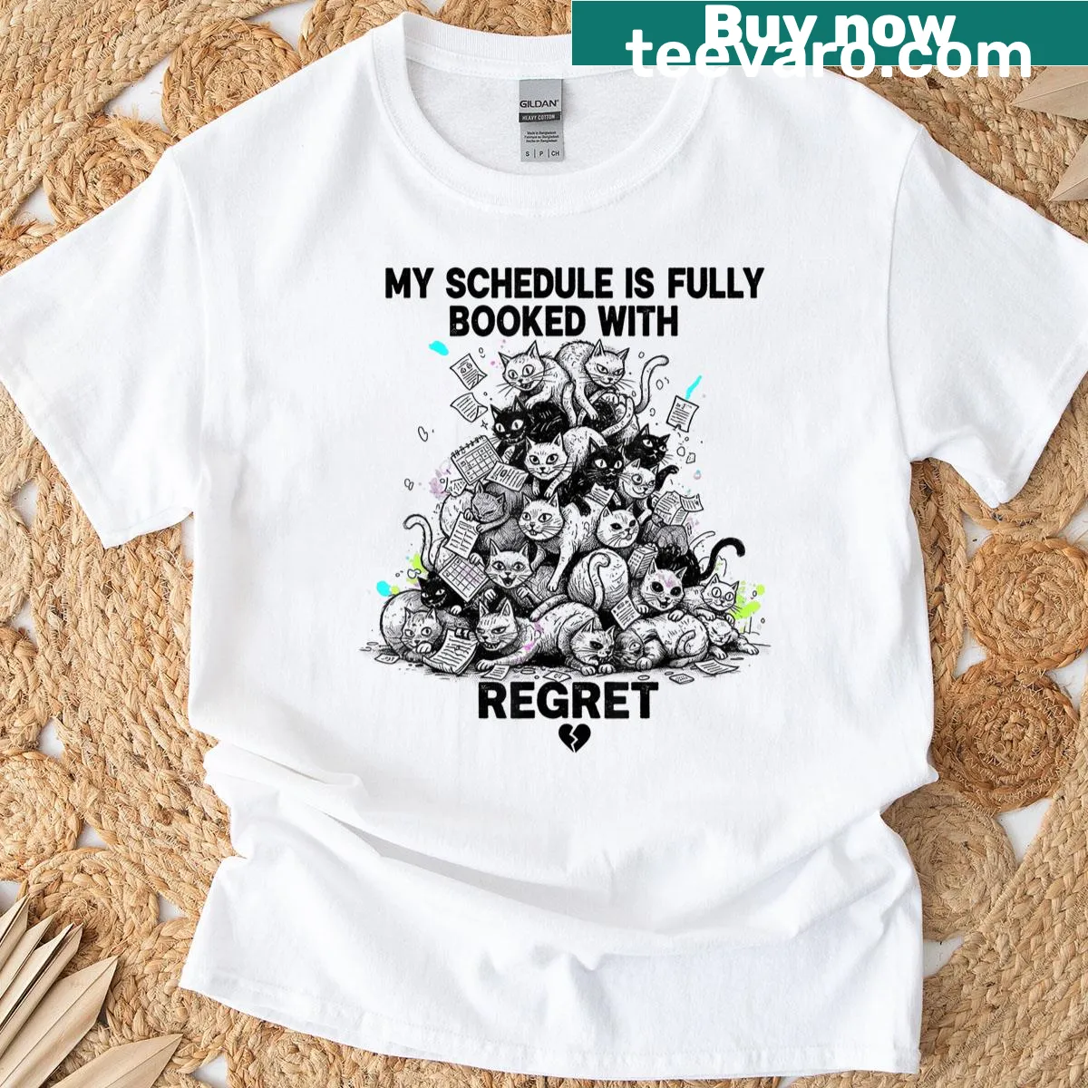 T-shirt with the phrase 'My Schedule Is Fully Booked With Regret' for cat lovers — on a men's t-shirt