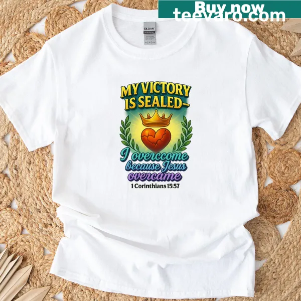 Inspirational t-shirt featuring 1 Corinthians 15:57 verse design.