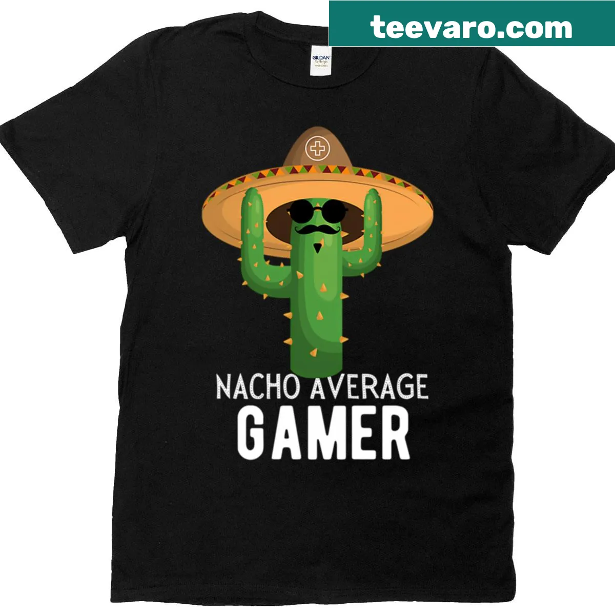 Humorous gamer shirt with 'Nacho Average Gamer' text — on a men's t-shirt