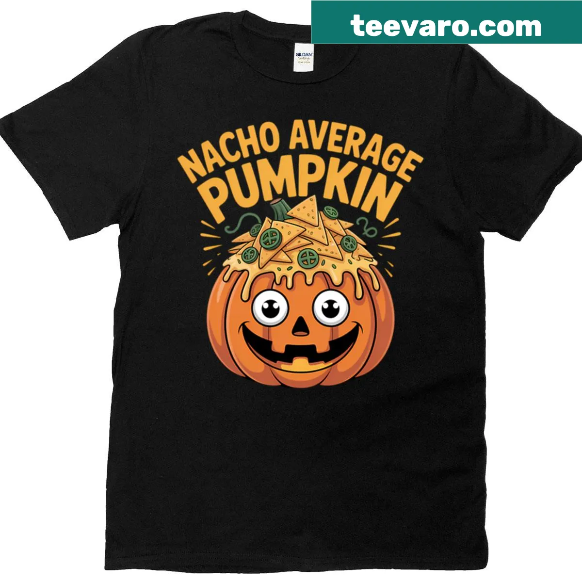Funny pumpkin and nacho food design on Halloween T-shirt — on a men's t-shirt