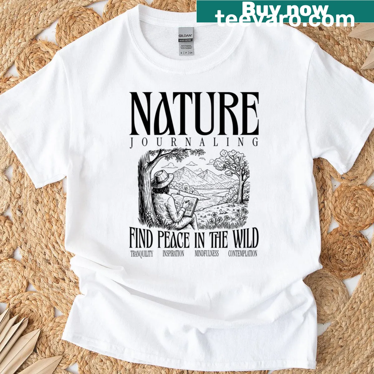 T-shirt promoting nature journaling and finding peace in the wild — on a men's t-shirt