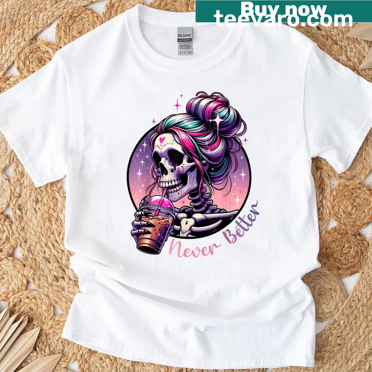 Skeleton with messy bun drinking coffee graphic T-shirt — on a men's t-shirt